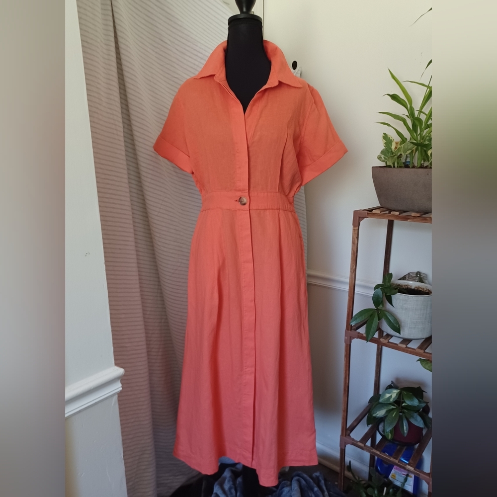 NWT Banana Republic Linen Blend Midi Shirtdress Size Small In Electric Coral
